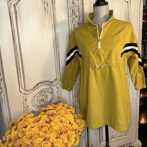 Asago 100% Cotton Chartreuse Striped Arms Cinched Waist Popover Windbreaker S/M - Picture 2 of 12